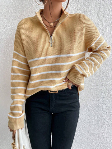 Frenchy Striped Pattern Half Zip Drop Shoulder Sweater shein