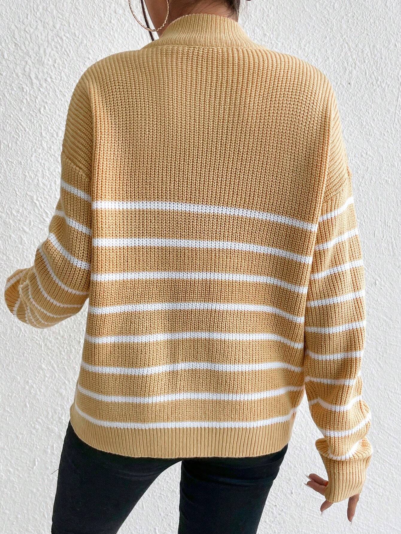 Frenchy Striped Pattern Half Zip Drop Shoulder Sweater shein