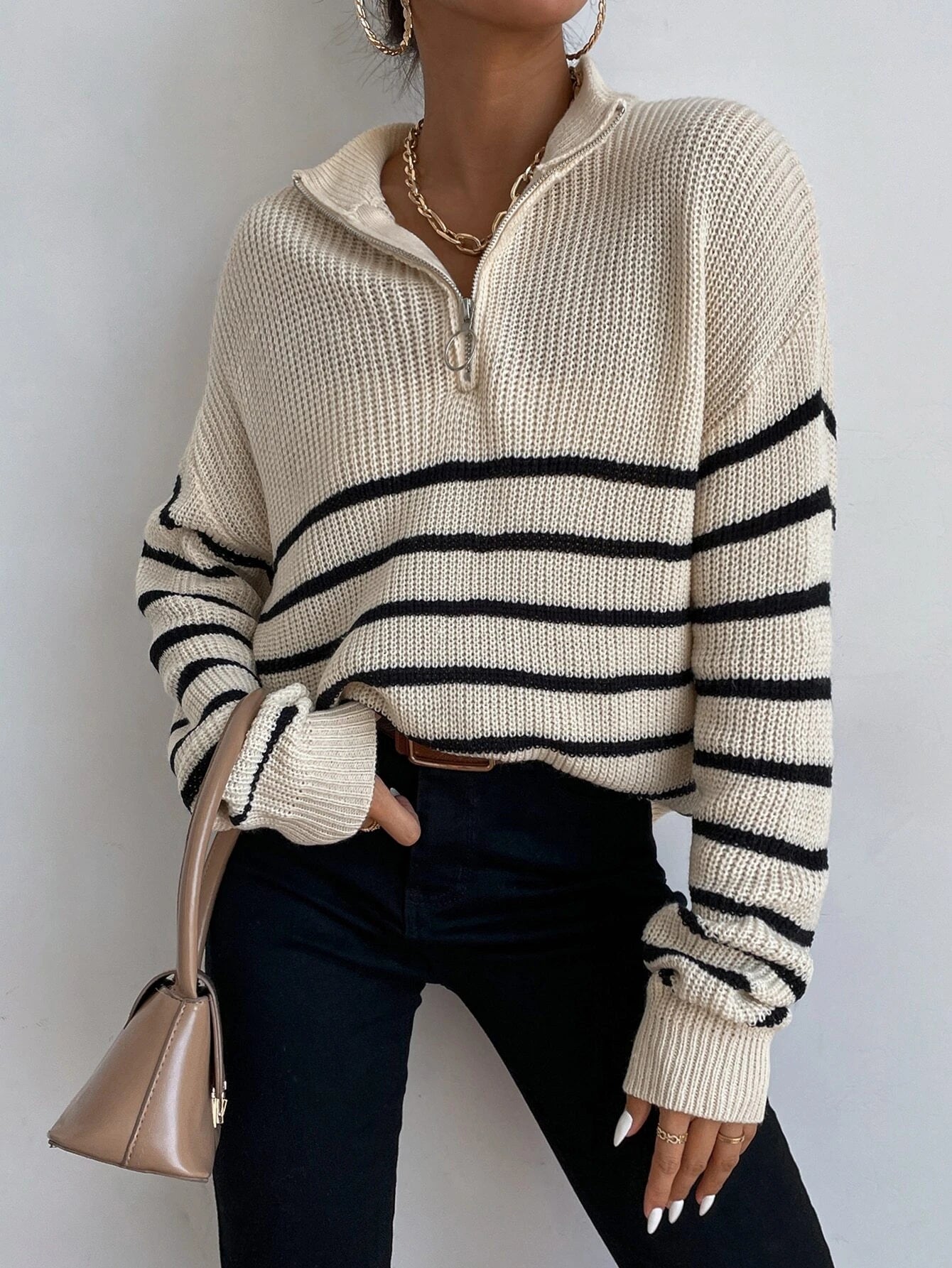 Frenchy Striped Pattern Half Zip Drop Shoulder Sweater shein