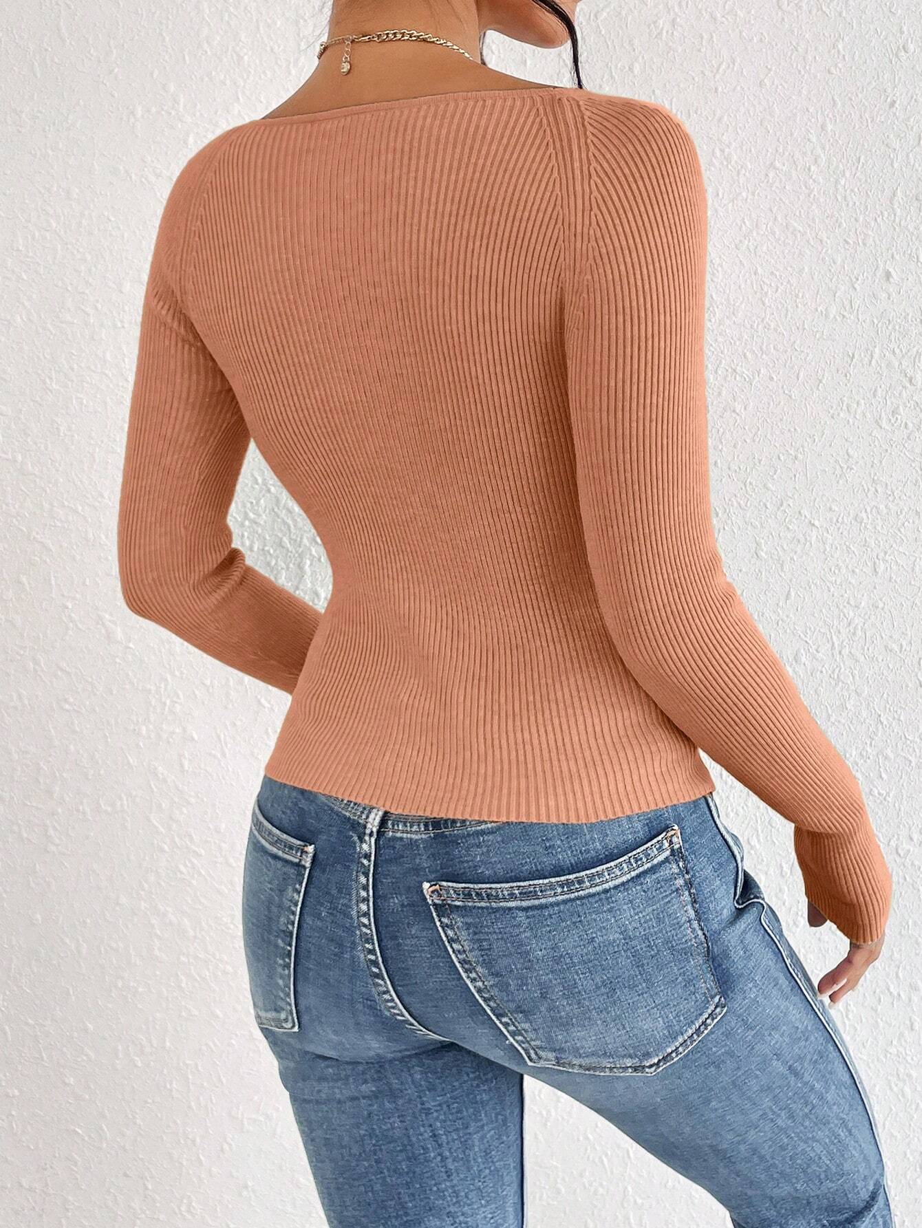 Frenchy Sweetheart Neck Ribbed Knit Sweater shein