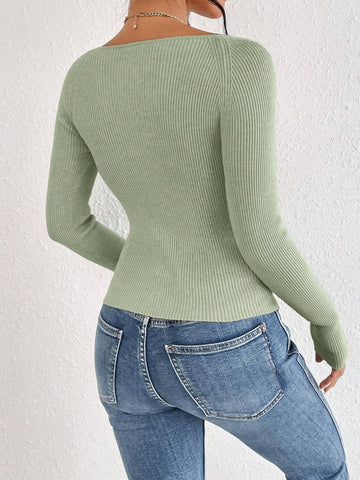 Frenchy Sweetheart Neck Ribbed Knit Sweater shein