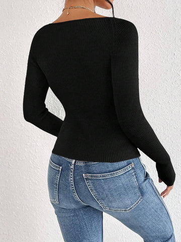 Frenchy Sweetheart Neck Ribbed Knit Sweater shein