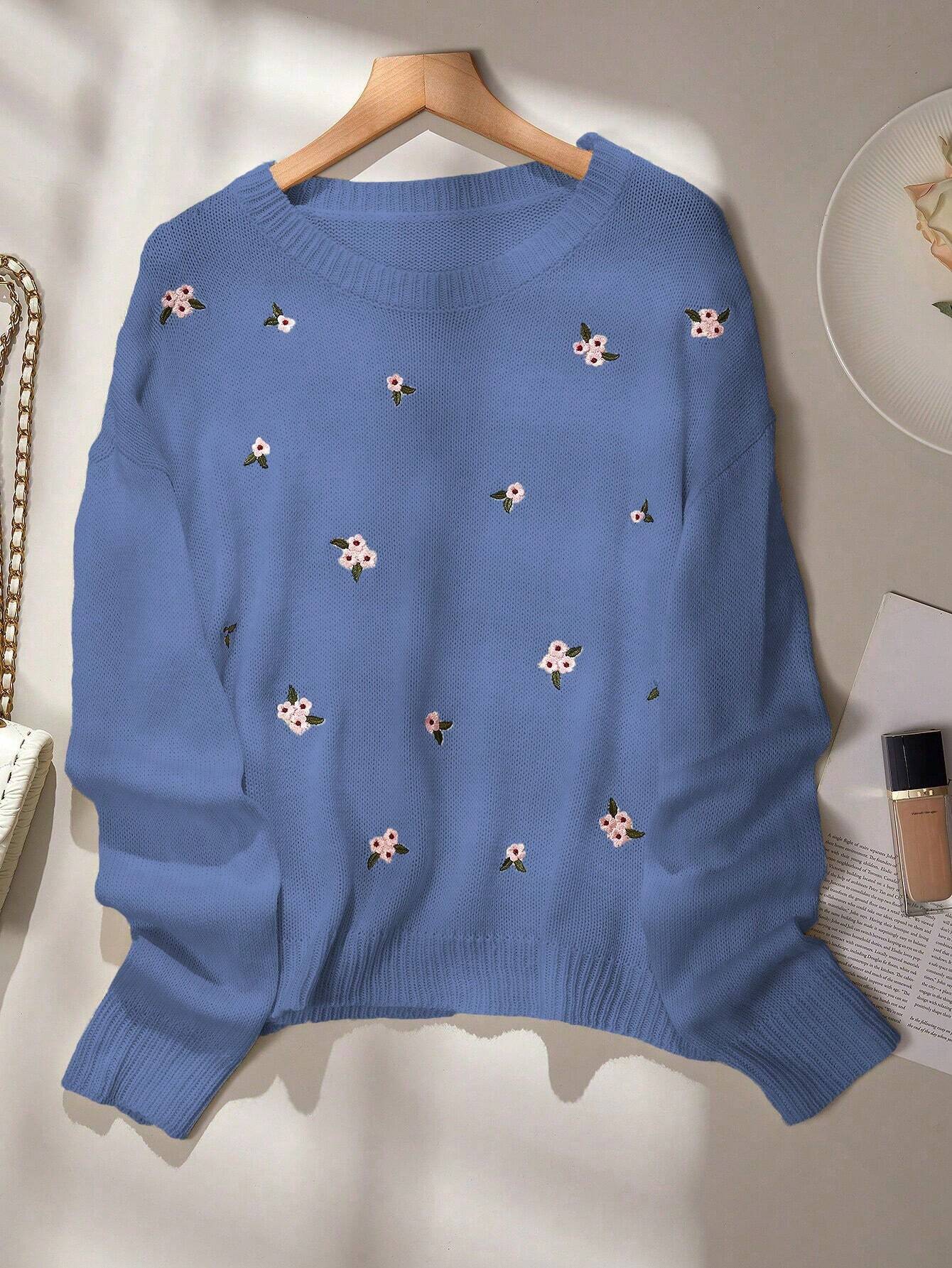 Frenchy Women's Floral Embroidery Drop Shoulder Pullover Sweater shein