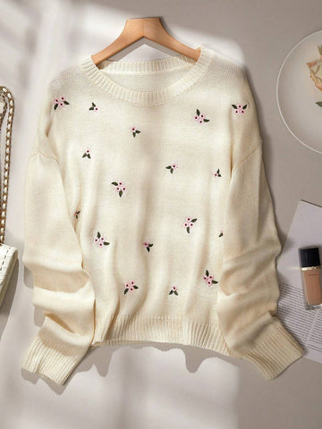 Frenchy Women's Floral Embroidery Drop Shoulder Pullover Sweater shein