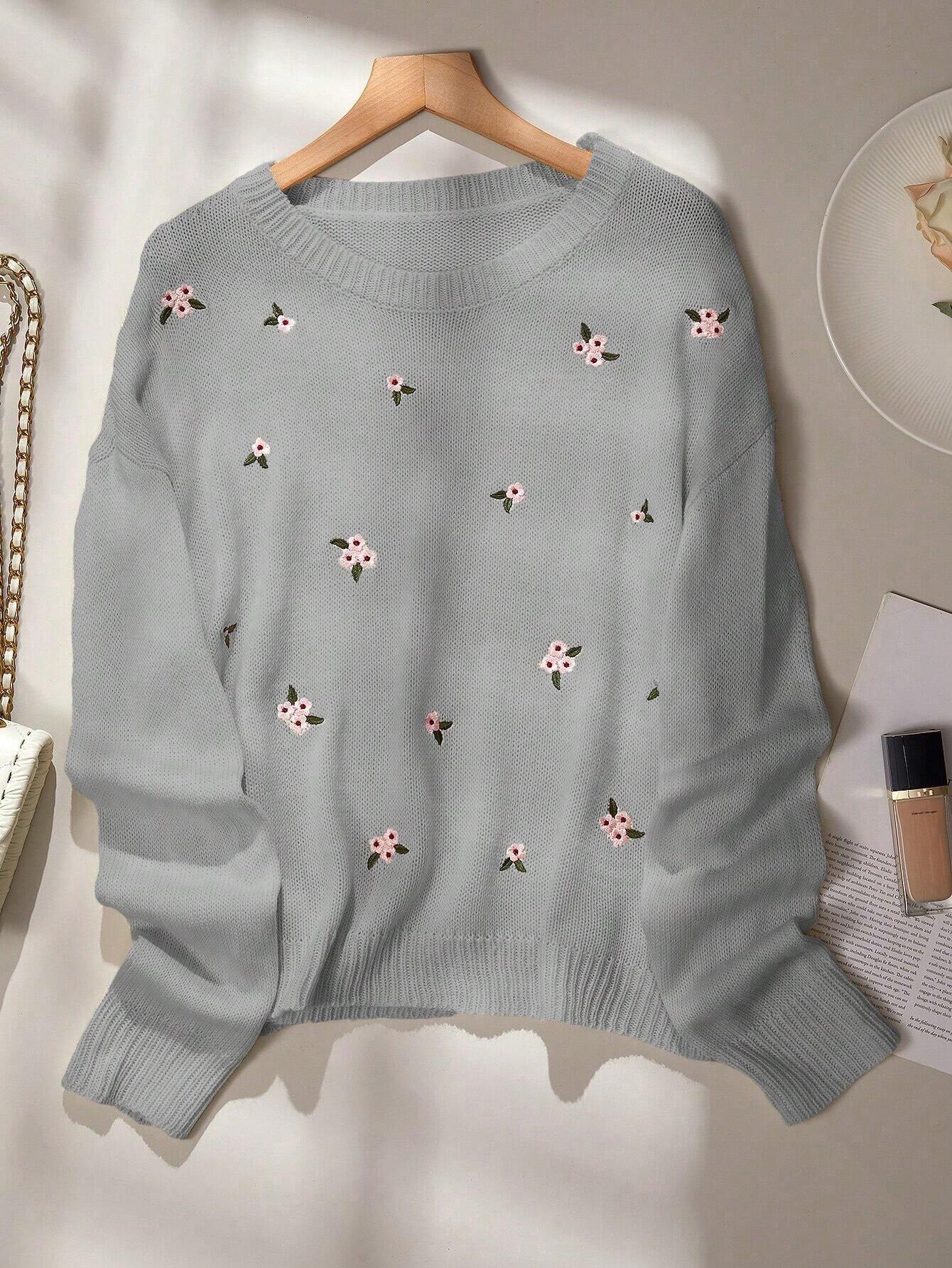 Frenchy Women's Floral Embroidery Drop Shoulder Pullover Sweater shein