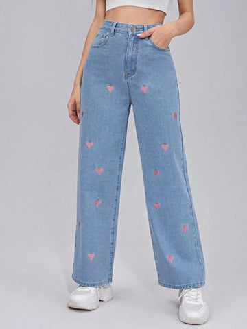 Frenchy Zipper Fly Embroidery Heart Wide Leg Jeans shein