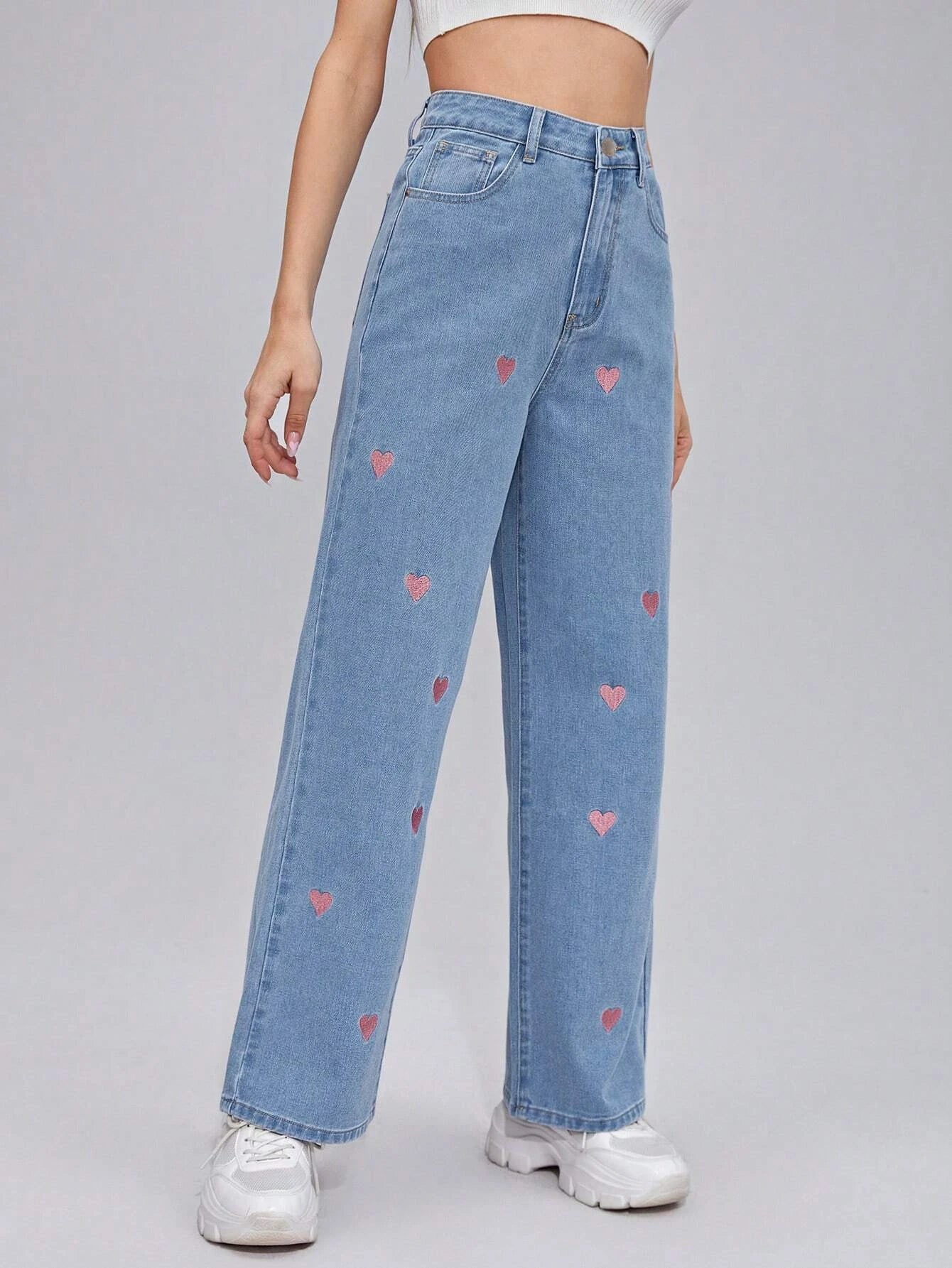 Frenchy Zipper Fly Embroidery Heart Wide Leg Jeans shein