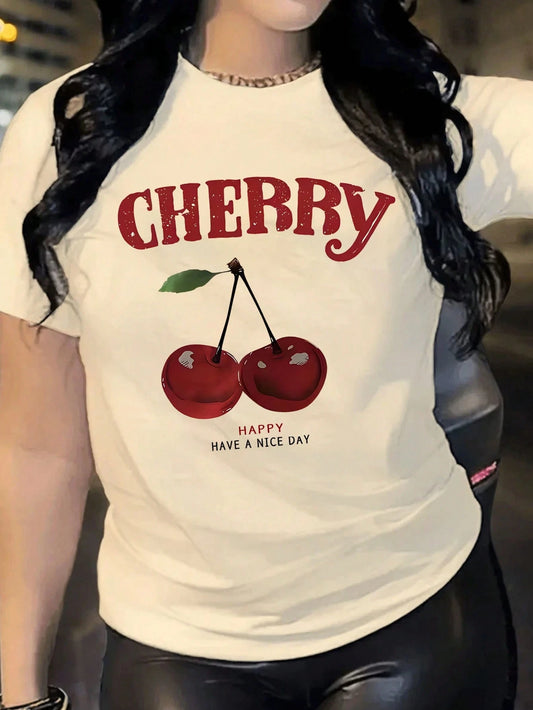 Fruit & Cherry Print Short Sleeve Round Neck Casual T-Shirt