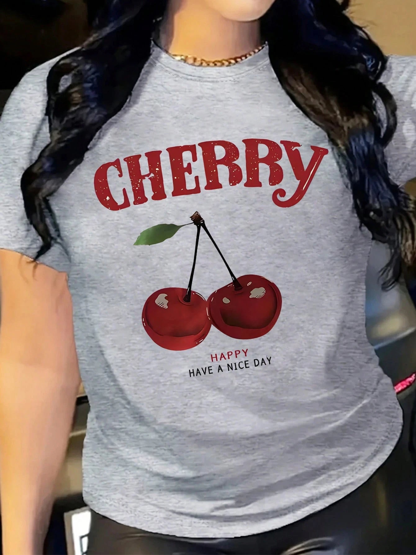 Fruit & Cherry Print Short Sleeve Round Neck Casual T-Shirt