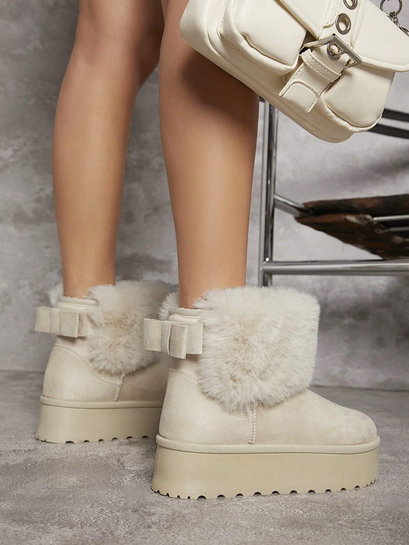 Fuzzy Detail Slip On Boots shein