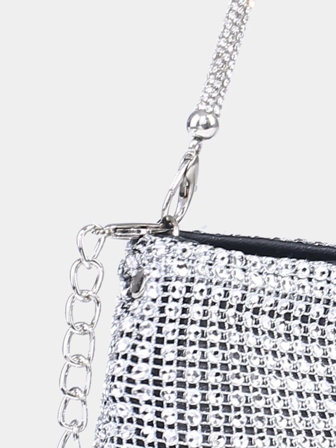 Glamorous Glitter Bling, Sequin, Luxury, Shiny Black Hobo Bag Rhinestone Decor Chain shein