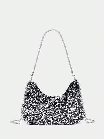 Glamorous Glitter Bling, Sequin, Luxury, Shiny Black Hobo Bag Rhinestone Decor Chain shein