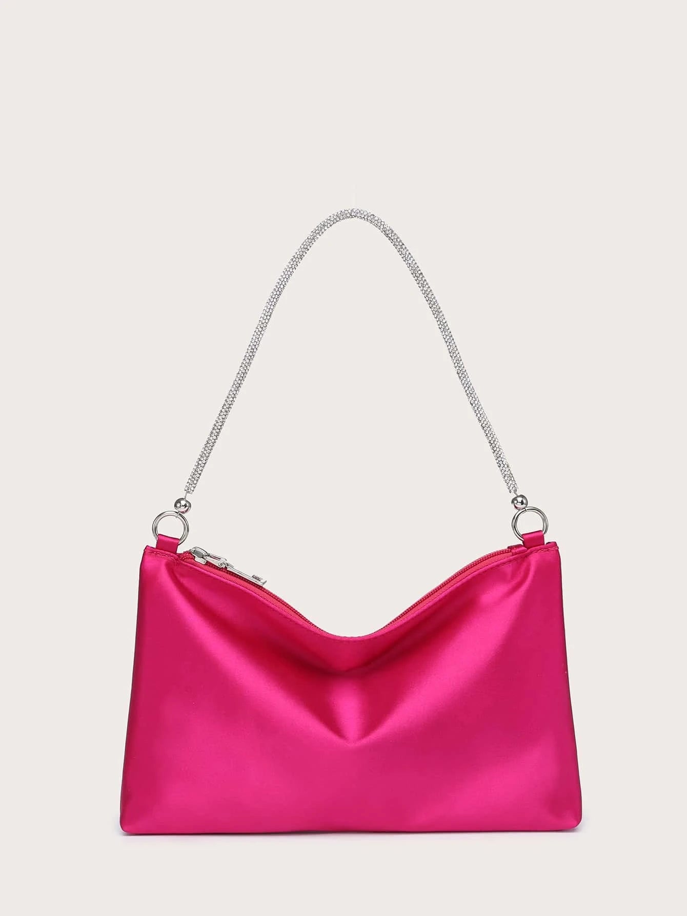 Glitter Bling,Shiny Glamorous,Elegant,Exquisite Neon Pink Satin Rhinestone Decor Hobo Bag shein