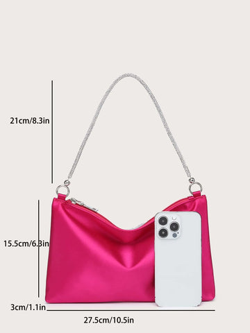 Glitter Bling,Shiny Glamorous,Elegant,Exquisite Neon Pink Satin Rhinestone Decor Hobo Bag shein