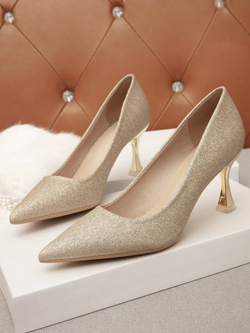 Glitter Decor Pyramid Court Pumps, Gold Party Glitter & Pearl Solid Color Women's High Heels shein