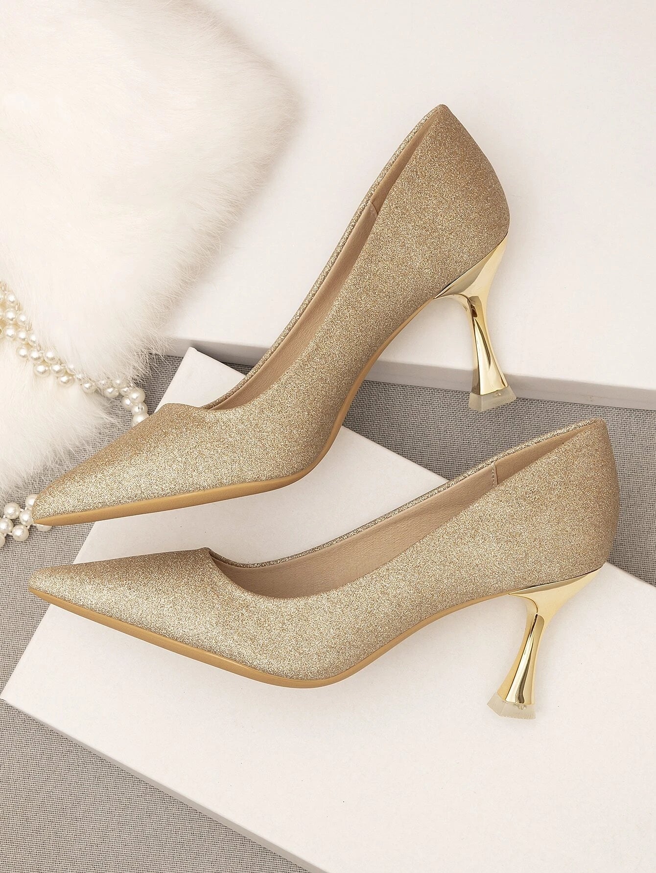 Glitter Decor Pyramid Court Pumps, Gold Party Glitter & Pearl Solid Color Women's High Heels shein