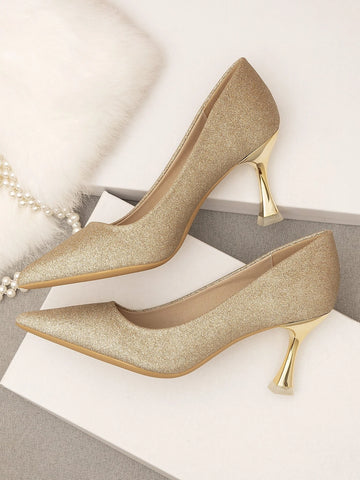 Glitter Decor Pyramid Court Pumps, Gold Party Glitter & Pearl Solid Color Women's High Heels shein