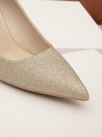 Glitter Decor Pyramid Court Pumps, Gold Party Glitter & Pearl Solid Color Women's High Heels shein