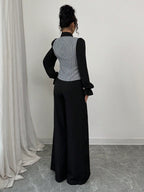 Elegant Check Pattern Single-Breasted Ruffled Long Sleeve Shirt & Wide Leg Pants shein