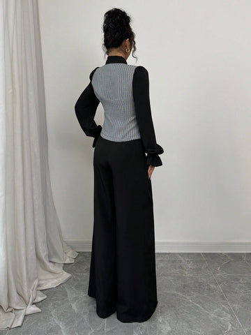 Elegant Check Pattern Single-Breasted Ruffled Long Sleeve Shirt & Wide Leg Pants