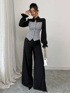 Elegant Check Pattern Single-Breasted Ruffled Long Sleeve Shirt & Wide Leg Pants shein