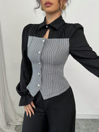 Elegant Check Pattern Single-Breasted Ruffled Long Sleeve Shirt & Wide Leg Pants shein