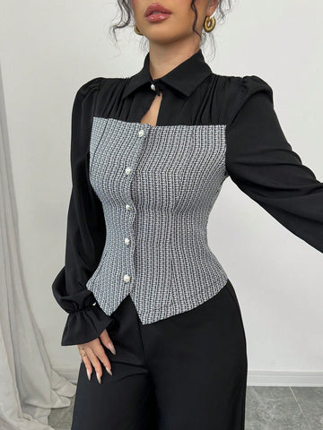 Elegant Check Pattern Single-Breasted Ruffled Long Sleeve Shirt & Wide Leg Pants