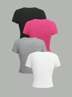 EMERY ROSE 4pcs Women Solid Color Crop Fitted Crew Neck Short Sleeve T-Shirts shein