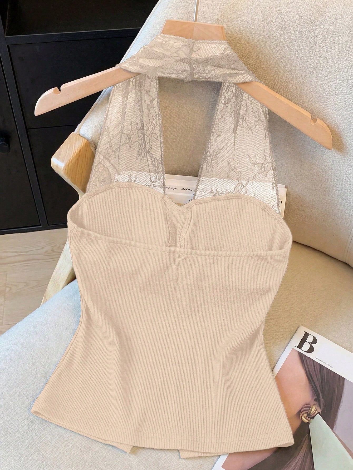 Jacquard Lace Patchwork Backless Design Button Front Elegant Sleeveless Top shein