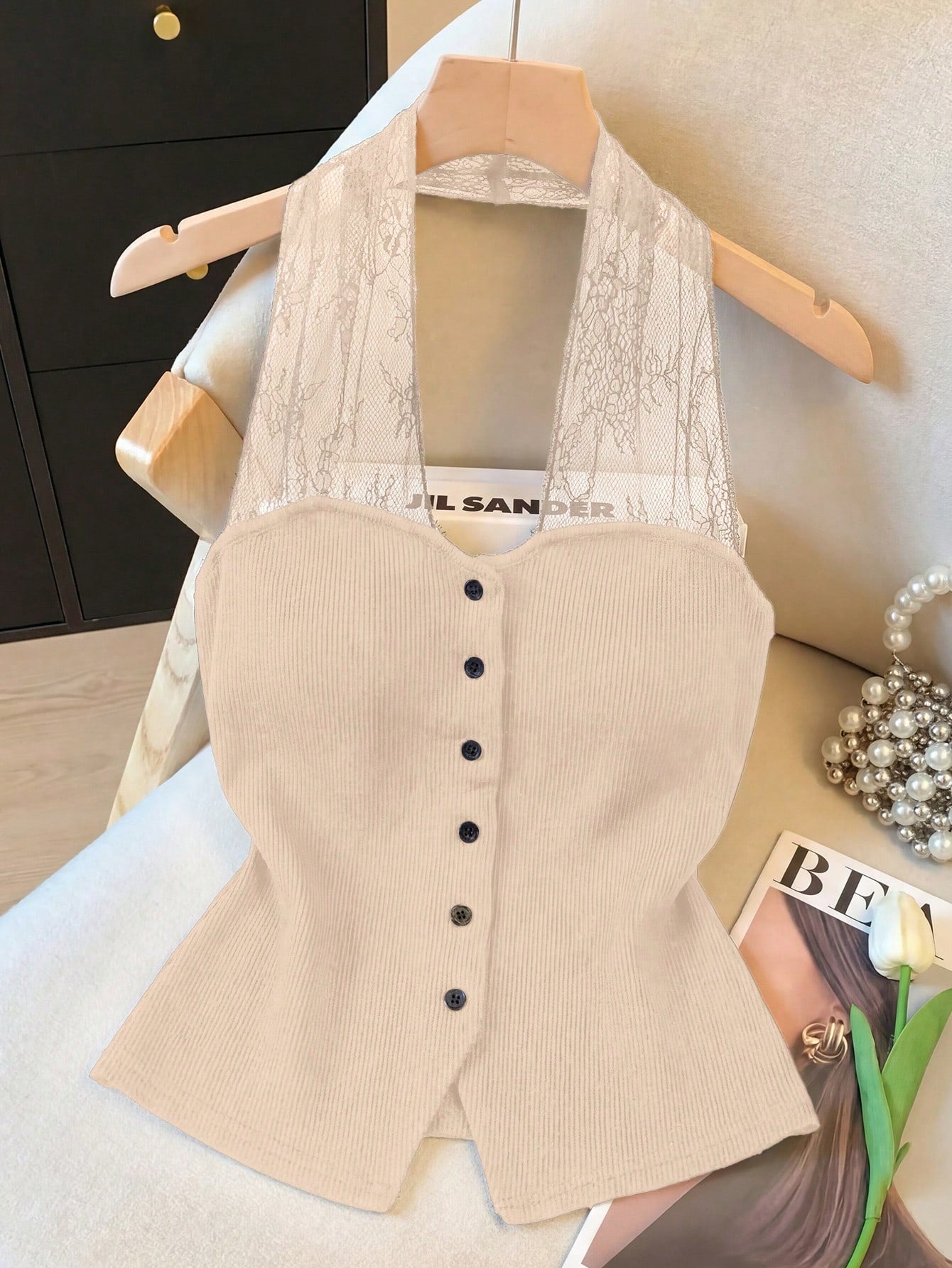 Jacquard Lace Patchwork Backless Design Button Front Elegant Sleeveless Top shein