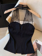 Jacquard Lace Patchwork Backless Design Button Front Elegant Sleeveless Top shein