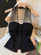 Jacquard Lace Patchwork Backless Design Button Front Elegant Sleeveless Top shein