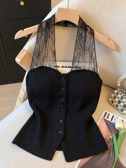 Jacquard Lace Patchwork Backless Design Button Front Elegant Sleeveless Top shein