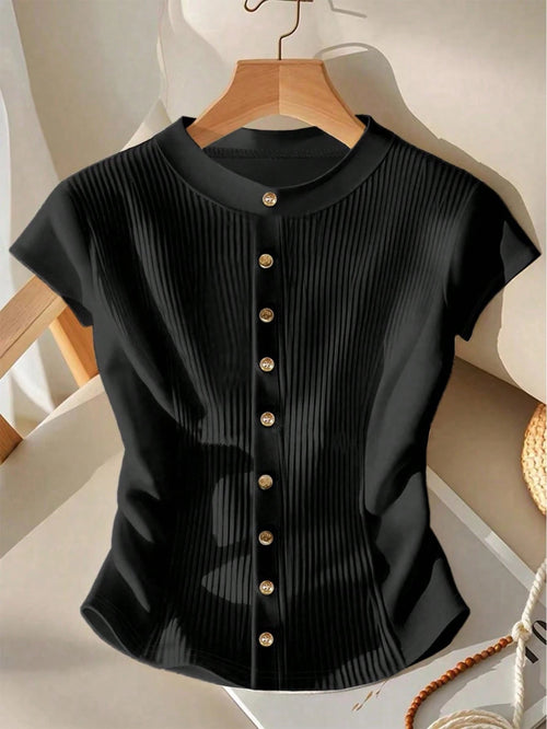 Women's Plain Crewneck Short Sleeve Ribbed Knit Top shein