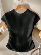 Women's Plain Crewneck Short Sleeve Ribbed Knit Top shein