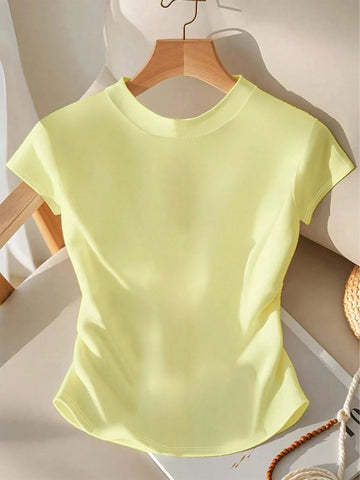 Women's Plain Crewneck Short Sleeve Ribbed Knit Top