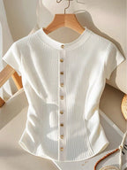 GlowEve Women's Plain Crewneck Short Sleeve Ribbed Knit Top shein