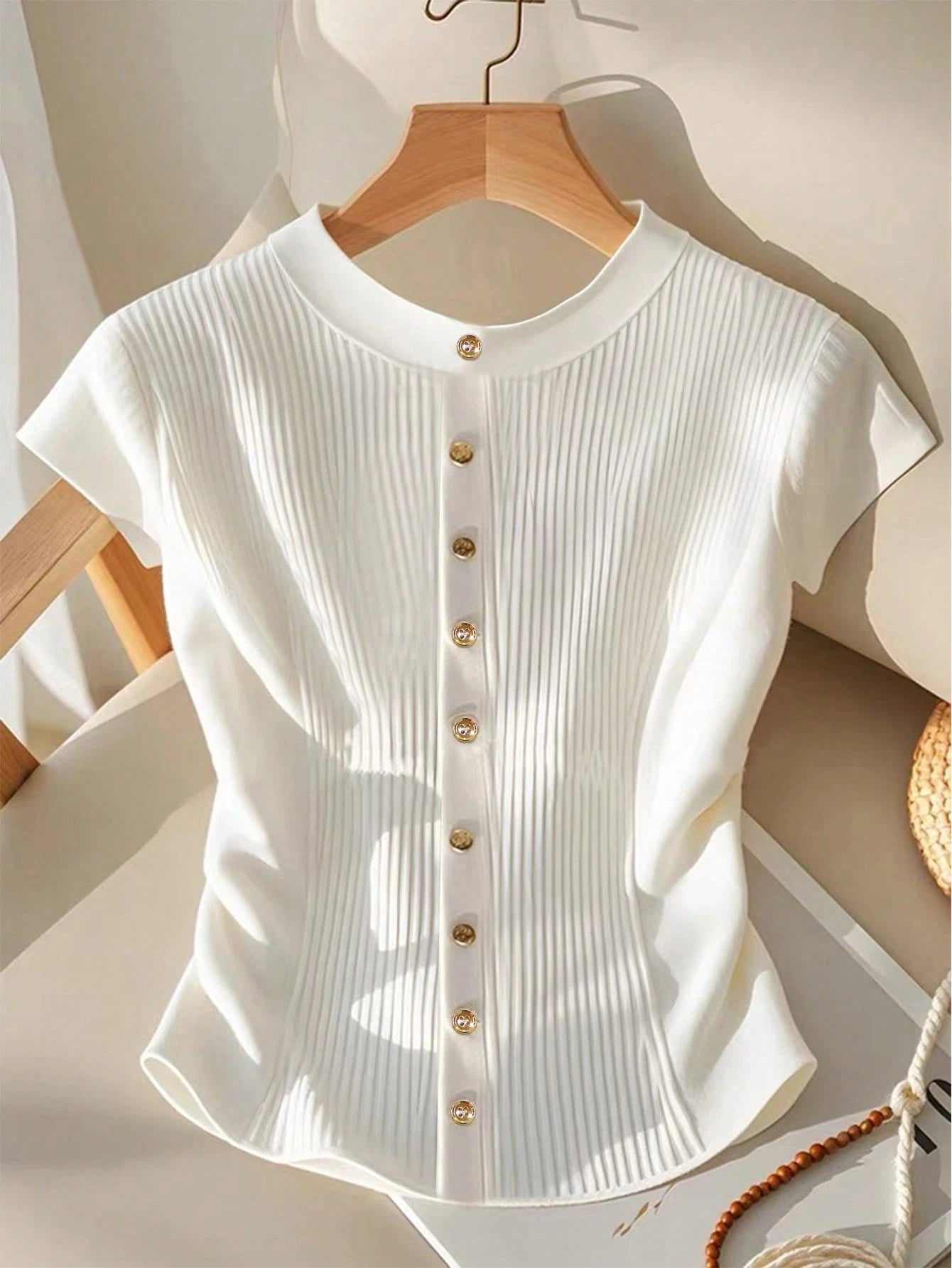 GlowEve Women's Plain Crewneck Short Sleeve Ribbed Knit Top shein