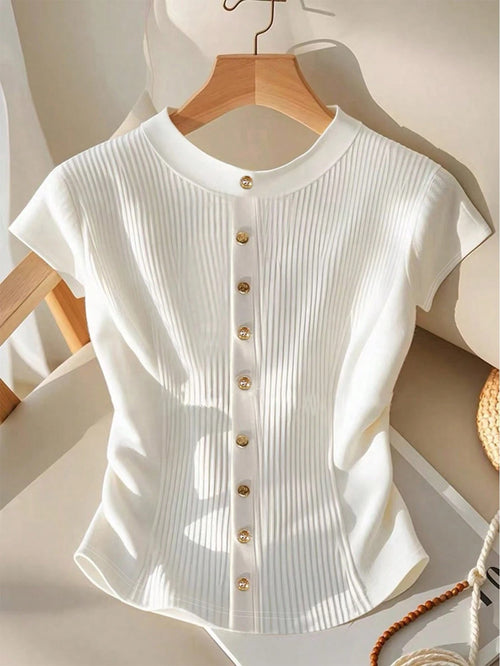 Women's Plain Crewneck Short Sleeve Ribbed Knit Top shein