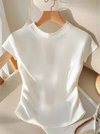 Women's Plain Crewneck Short Sleeve Ribbed Knit Top shein