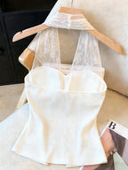Jacquard Lace Patchwork Backless Design Button Front Elegant Sleeveless Top shein