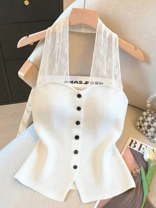 Jacquard Lace Patchwork Backless Design Button Front Elegant Sleeveless Top shein