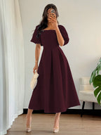 Women's Elegant Chic Minimalist Ruffle Hem Puff Sleeve A-Line Dress