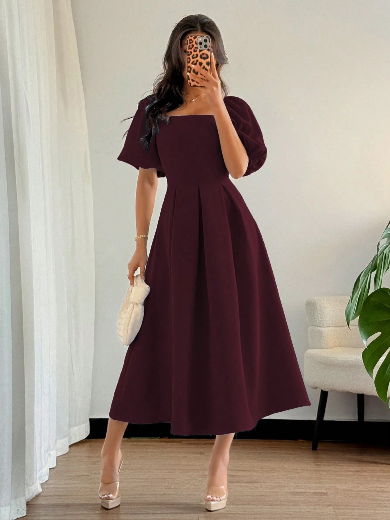 Women's Elegant Chic Minimalist Ruffle Hem Puff Sleeve A-Line Dress