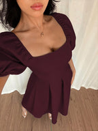 Women's Elegant Chic Minimalist Ruffle Hem Puff Sleeve A-Line Dress