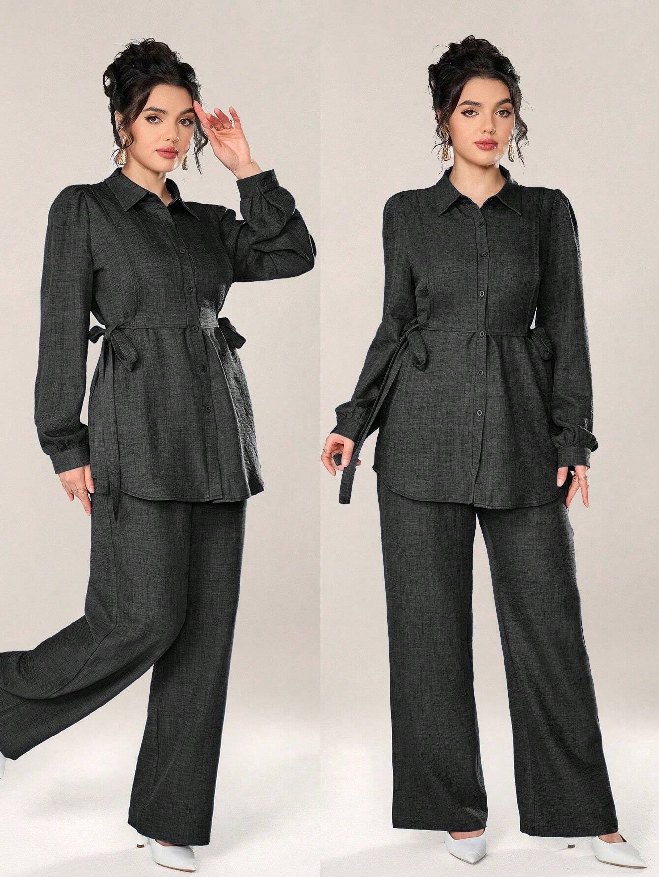 2pcs Set Front Button Long Sleeve Casual Blouse And Trousers shein