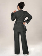 2pcs Set Front Button Long Sleeve Casual Blouse And Trousers