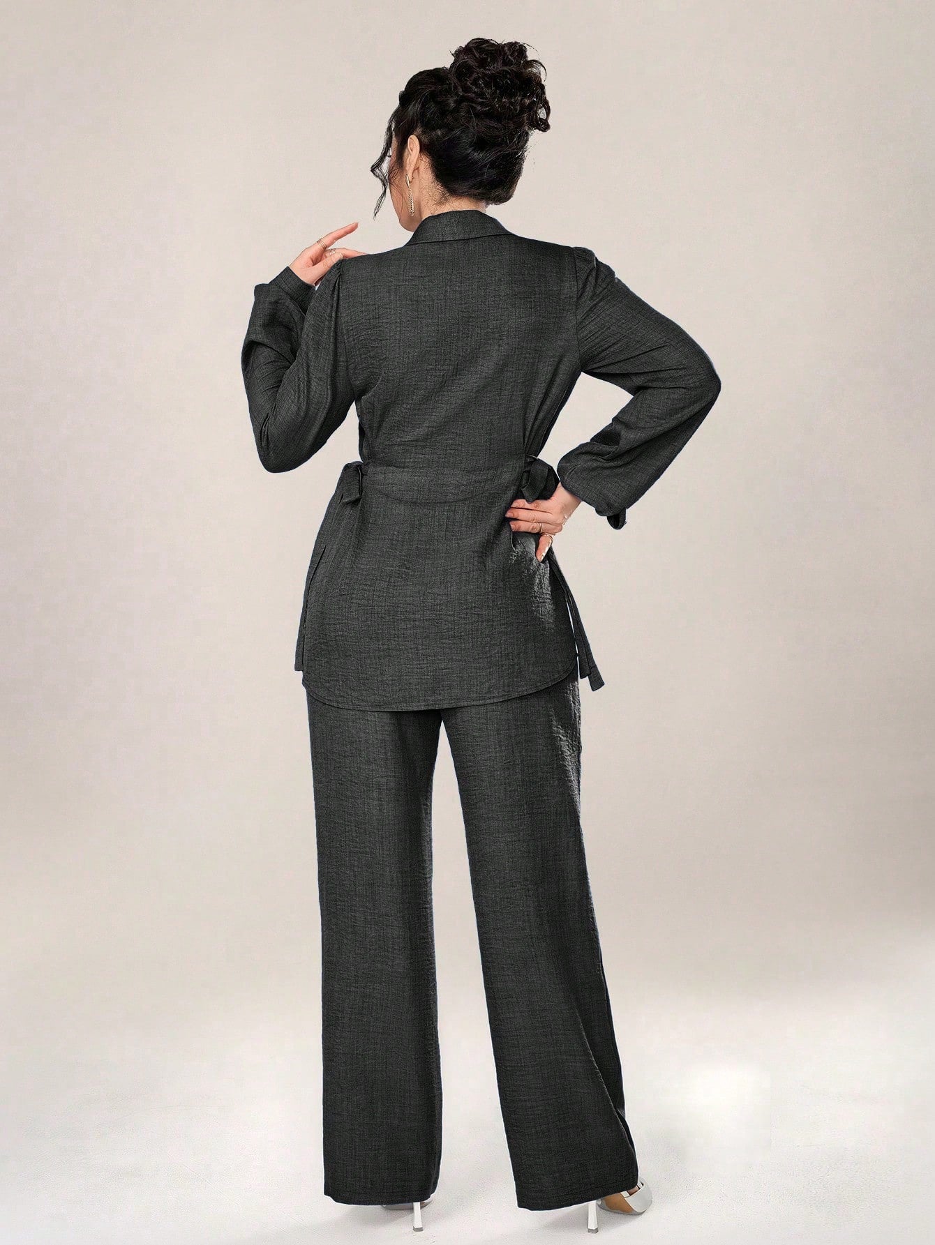 2pcs Set Front Button Long Sleeve Casual Blouse And Trousers