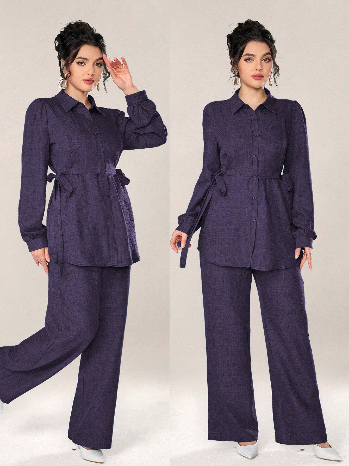 2pcs Set Front Button Long Sleeve Casual Blouse And Trousers shein