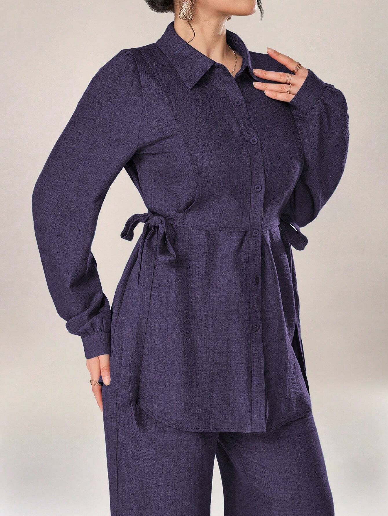 2pcs Set Front Button Long Sleeve Casual Blouse And Trousers